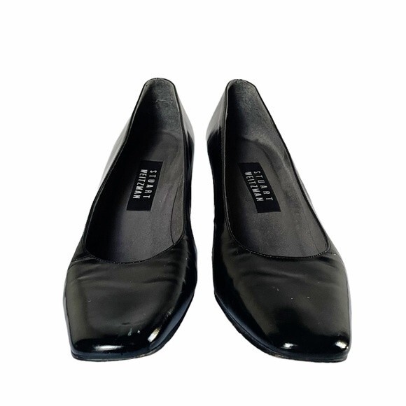 Stuart Weitzman Black Polished Leather Square Toe Block Heel Women’s Size 8W - Picture 7 of 14